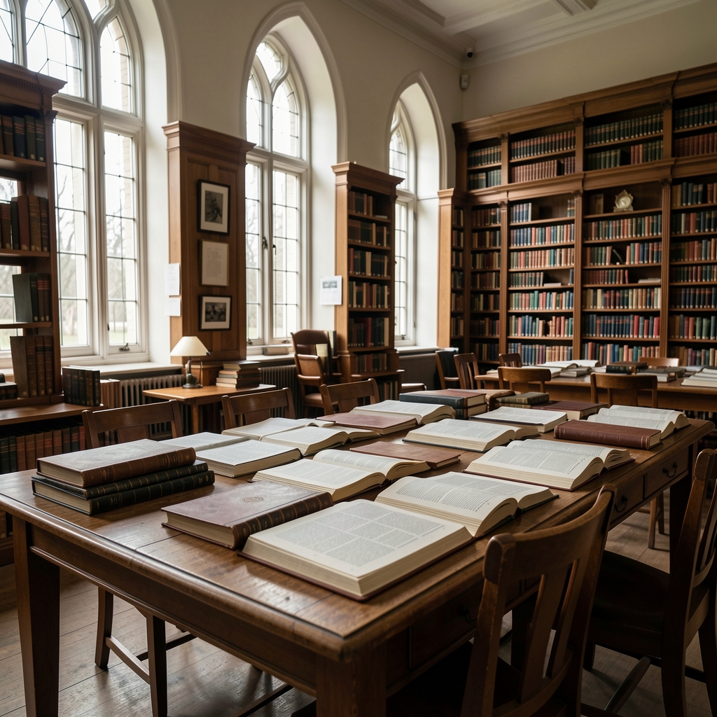 Wide reading table in a large British institutional library, leather-bound journals and open reference volumes spread across the surface, tall arched windows with soft diffused daylight, atmosphere of serious structured study