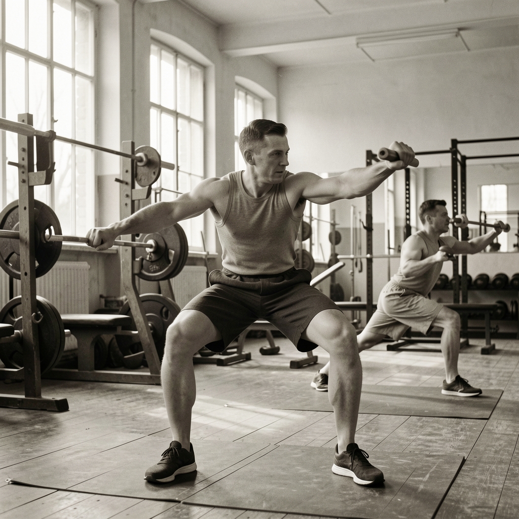 Collection of black-and-white vintage photographs of men practising physical culture exercises in a 1940s gymnasium, equipment visible in the background, documentary archival aesthetic