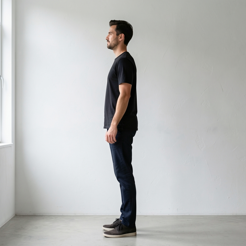 Man standing with upright posture in a minimalist interior space, viewed from the side against a white plastered wall, natural side lighting emphasising the line of the spine and balanced stance
