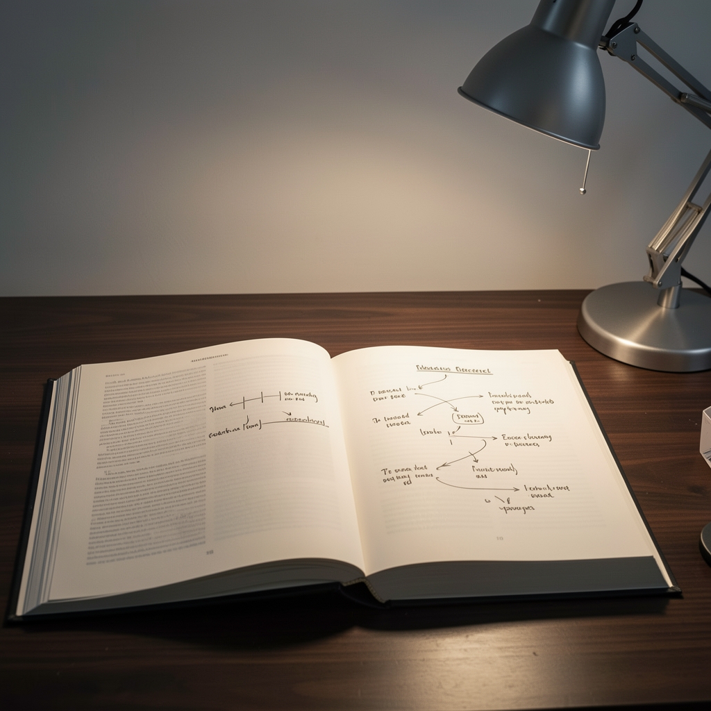 Two books open side by side on a dark wooden desk under a directed reading lamp, one page marked with annotations, representing careful comparison of ideas and structured analysis