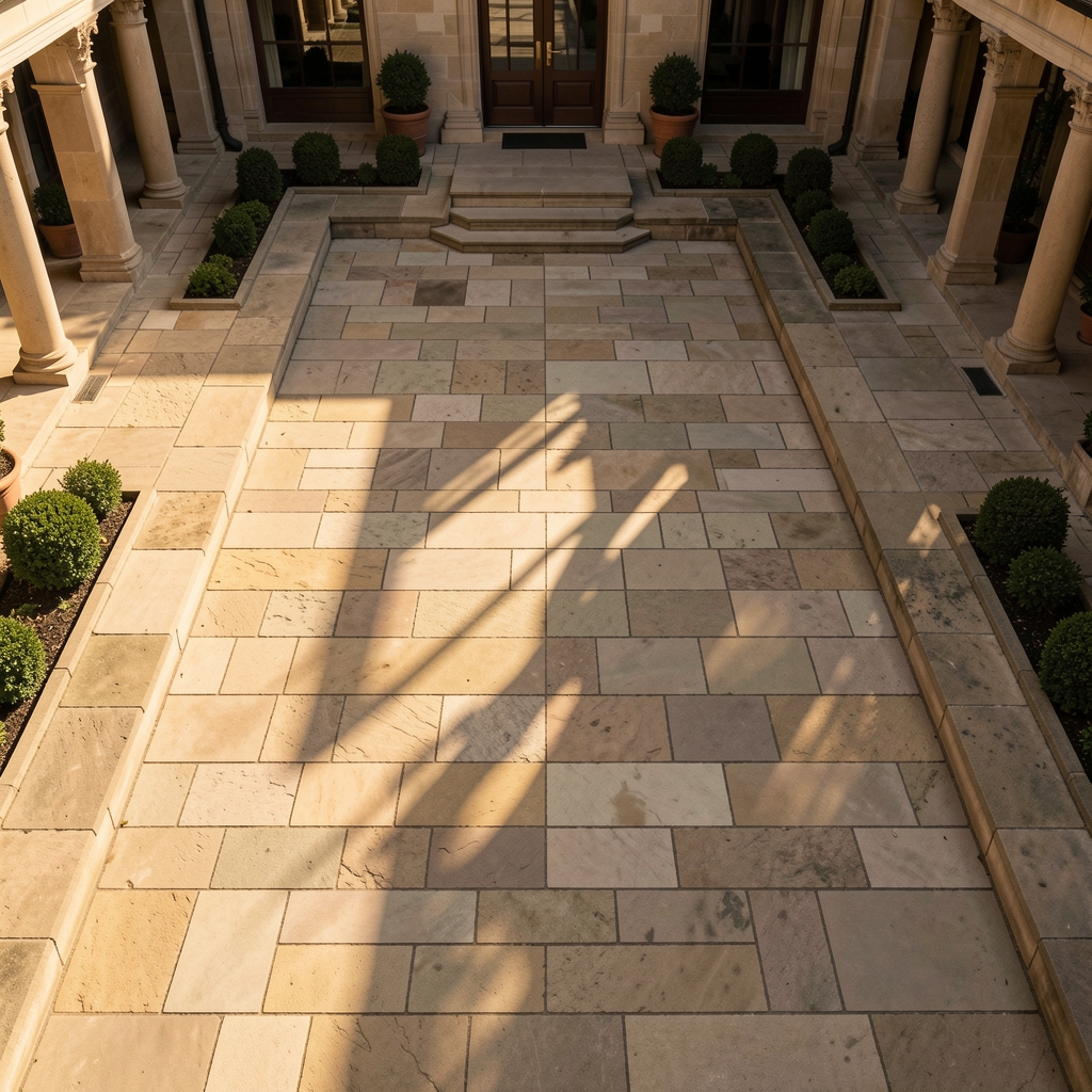 Wide overhead view of a serene stone courtyard with geometric symmetry, warm afternoon light casting long shadows across even paving, representing structural balance and ordered thinking